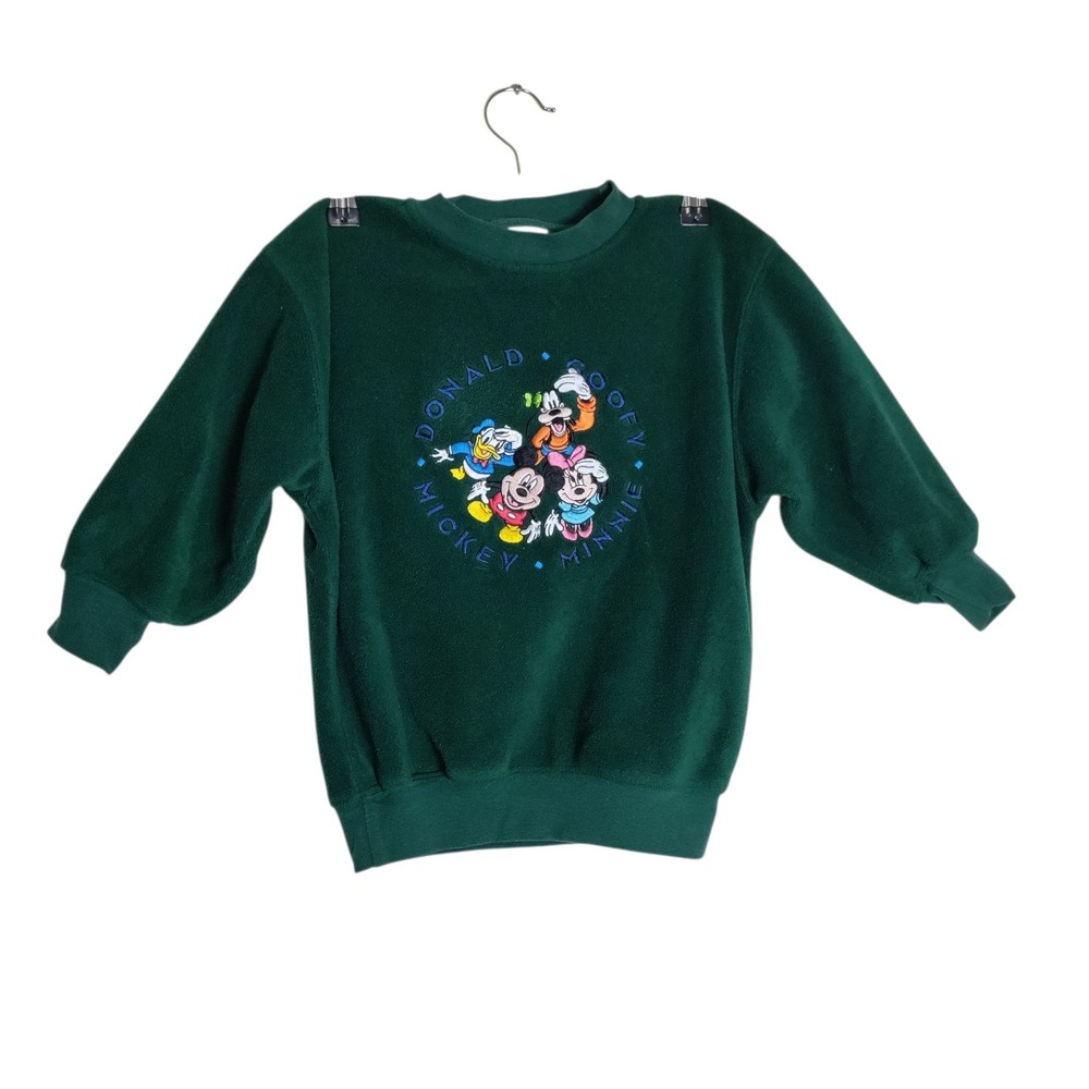Vintage Disney Store Mickey Minnie Donald Goofy Green Fleece Sweatshirt Kids XS